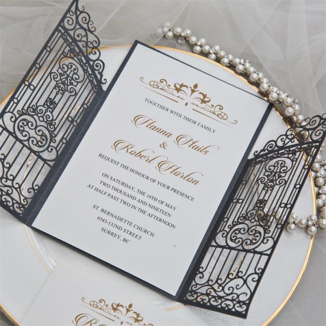 vintage slate grey intricate laser cut gate folded wedding invitation ewws207
