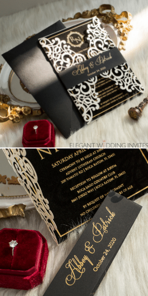 Black Gold Foil Velvet Wedding Invitations with Ivory Laser Cut Pockets