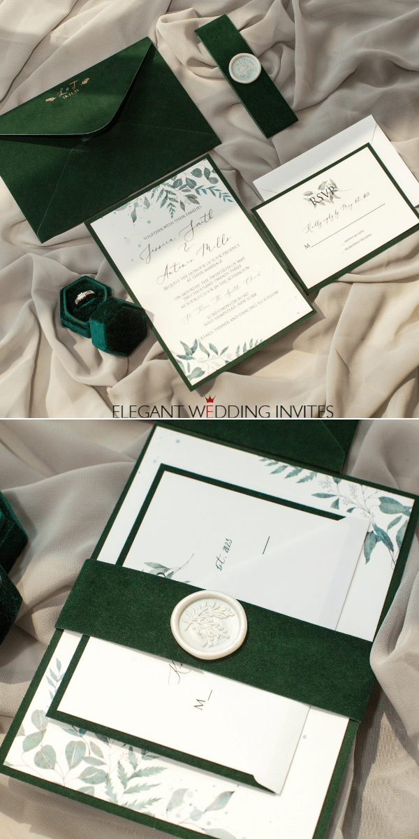 simple flat wedding invitations with emerald green velvet invitation backers and belly bands