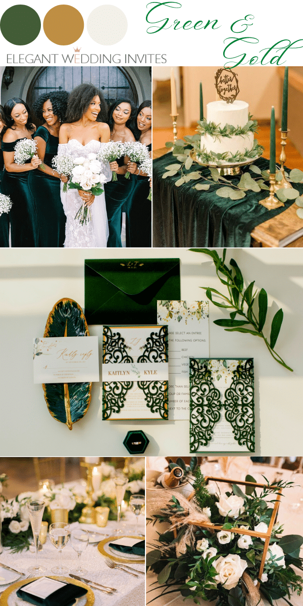 emerald green wedding colors and velvet invitations with a gold hue