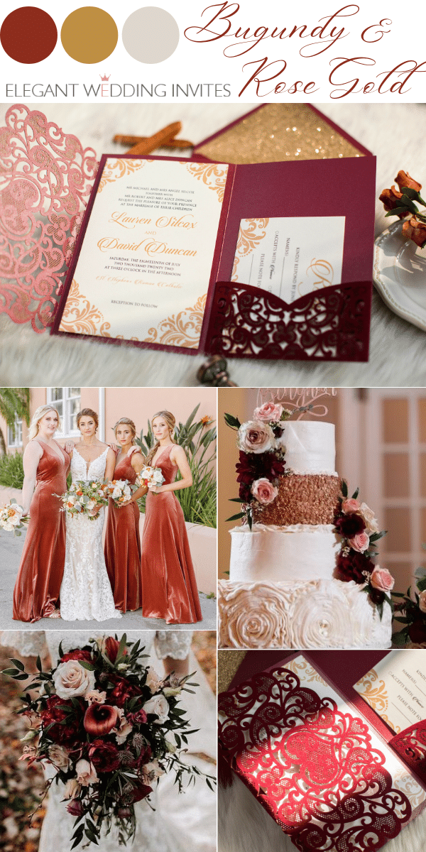 rose gold wedding invitations with burgundy velvet laser cut pockets