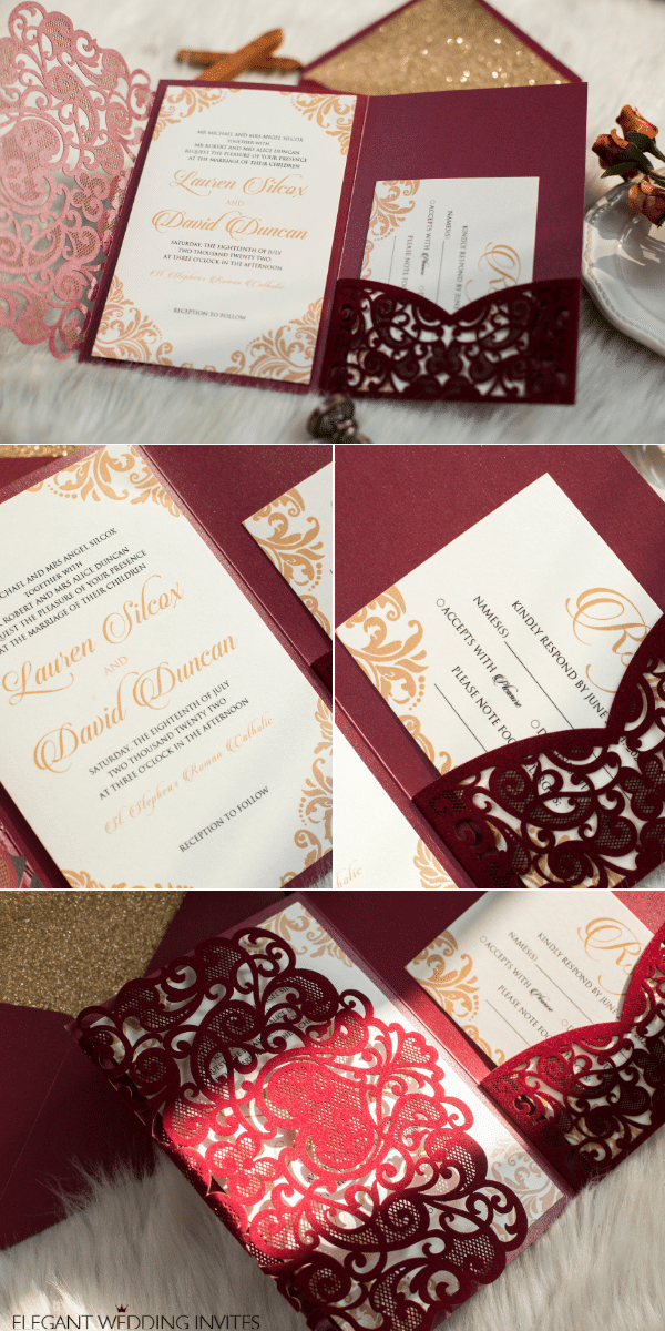 vintage rose gold wedding invitations with burgundy velvet laser cut pockets