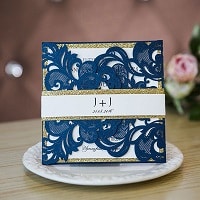 navy blue laser cut wedding invitations with glittery bottom cards and bands EWWS136