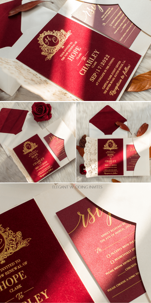 Burgundy Gold Foil Velvet Invitation Cards With Ivory Laser Cut Pockets