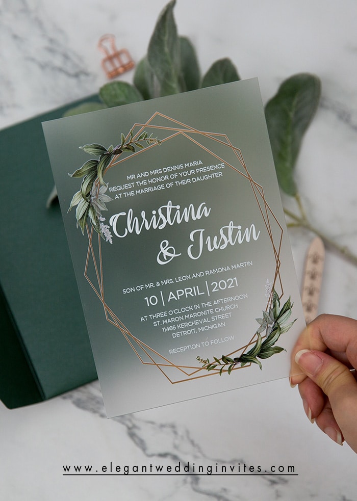 stunning frosted geometric greenery wedding invitation card