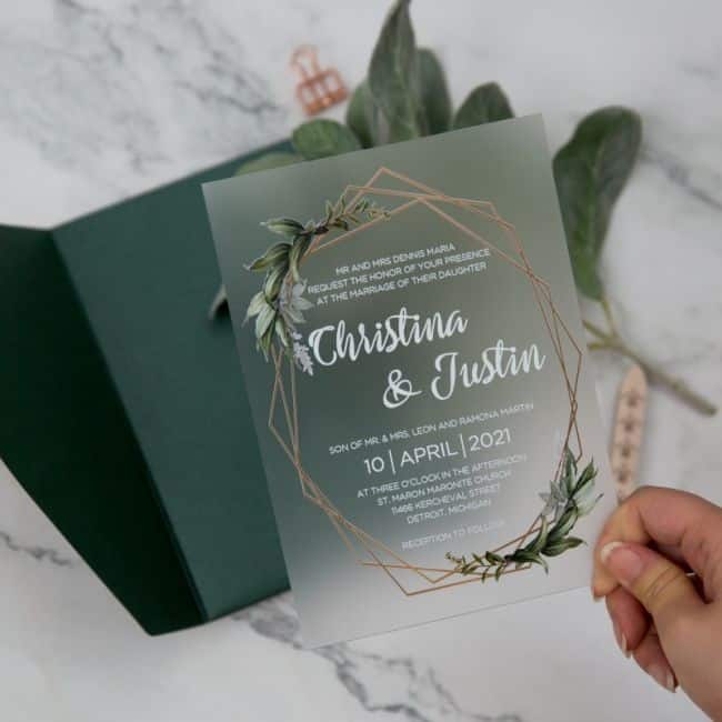 greenery frosted acrylic wedding invitation with uv printing ewia014 1