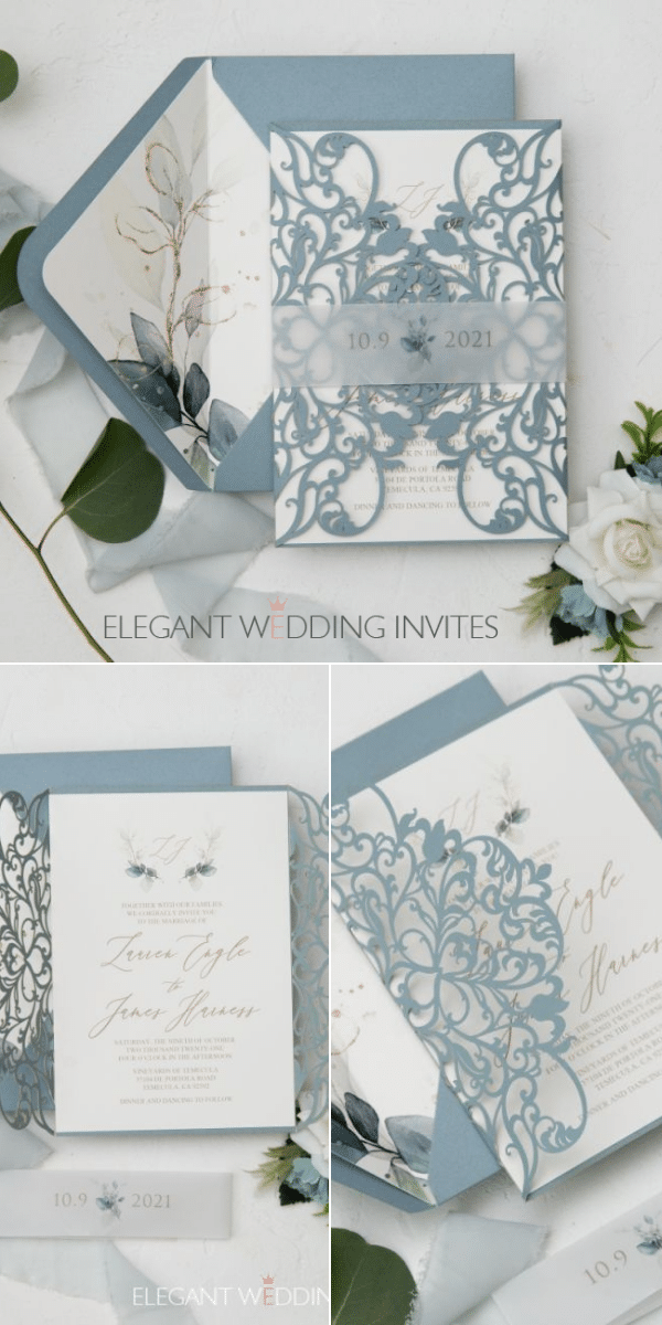 elegant dusty blue laser cut warps with greenery monogram wedding invitation and belly band