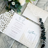 elegant ivory laser cut pocket wedding invitations with greenery monogram ewws310 1