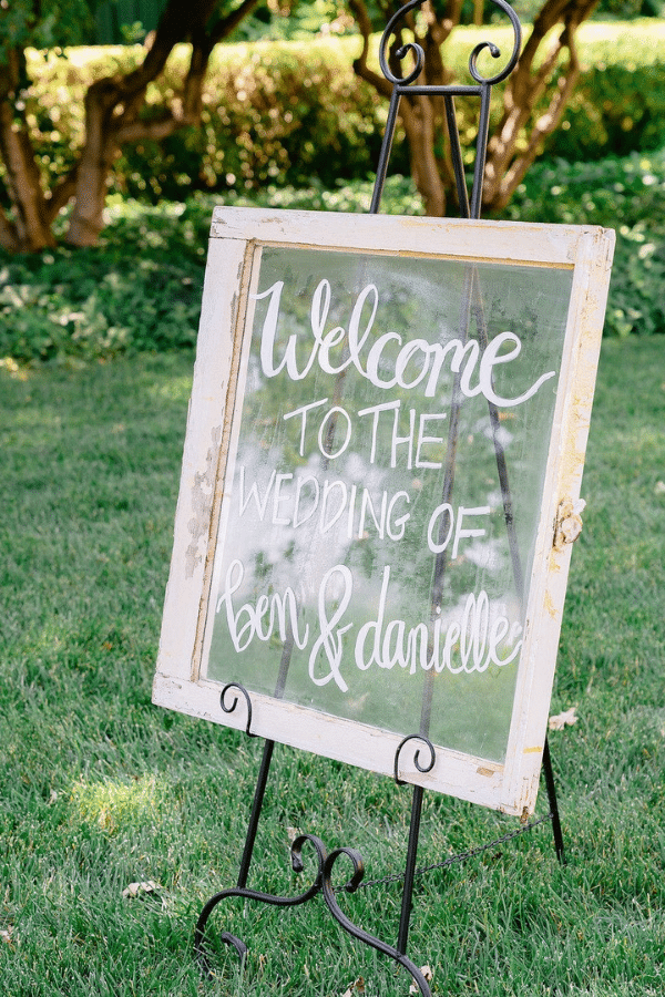 simple white wedding welcome sign with wooden frame