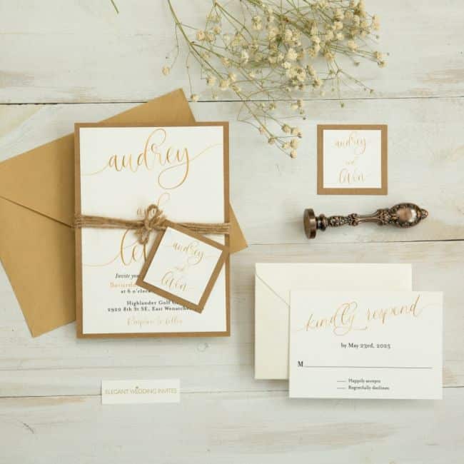 simply rustic wedding invitets with gold script wordings and kraft backer ewim011
