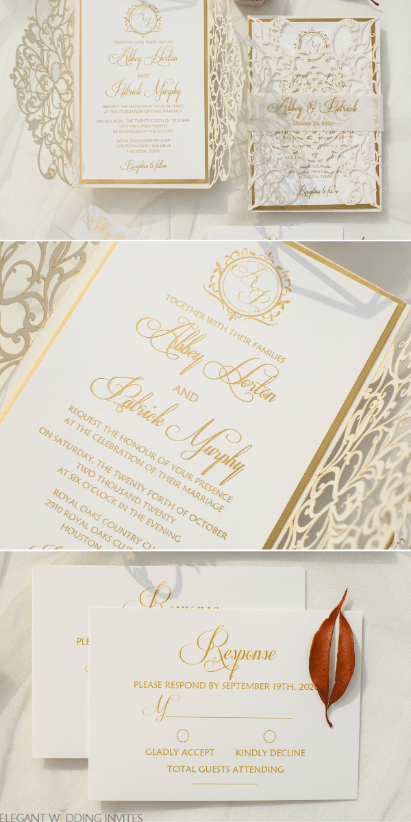 classic ivory laser cut wedding invitation with foil printing EWWS274