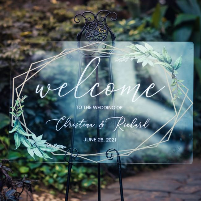 Custom Wedding Signs Acrylic Welcome Sign With Modern Geometric Gold Frame Greenery EWSG040