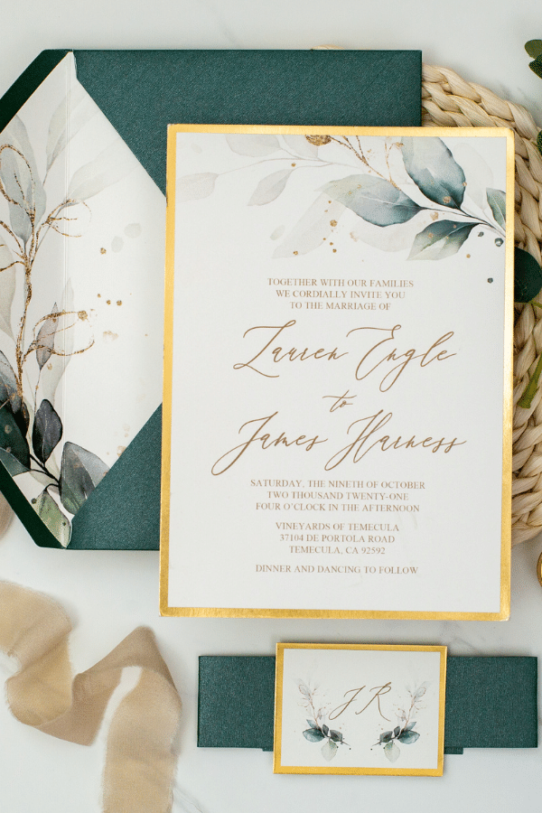 simple greenery botanical wedding invite with gold mirror paper backer EWI464
