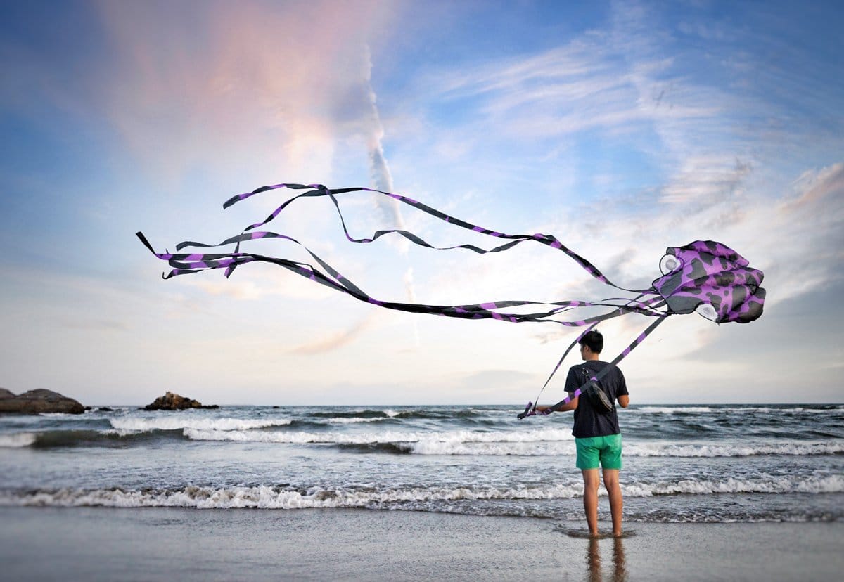 Seseorang terbang dan layang-layang sotong di pantai.