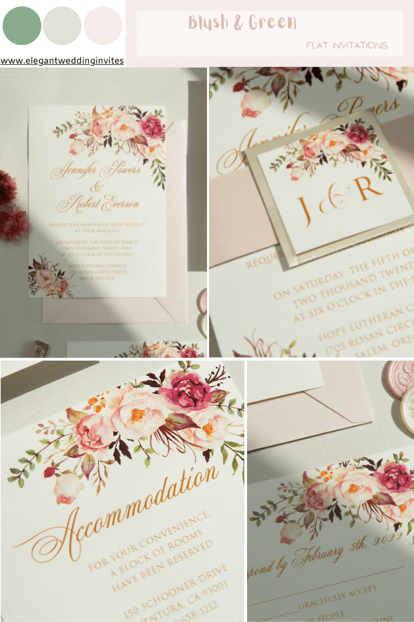 exquisite blush floral wedding invite with mirror paper backer