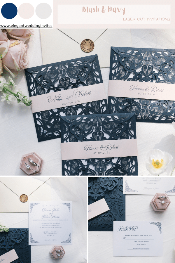 navy blue laser cut wedding invitation with blush pink belly band