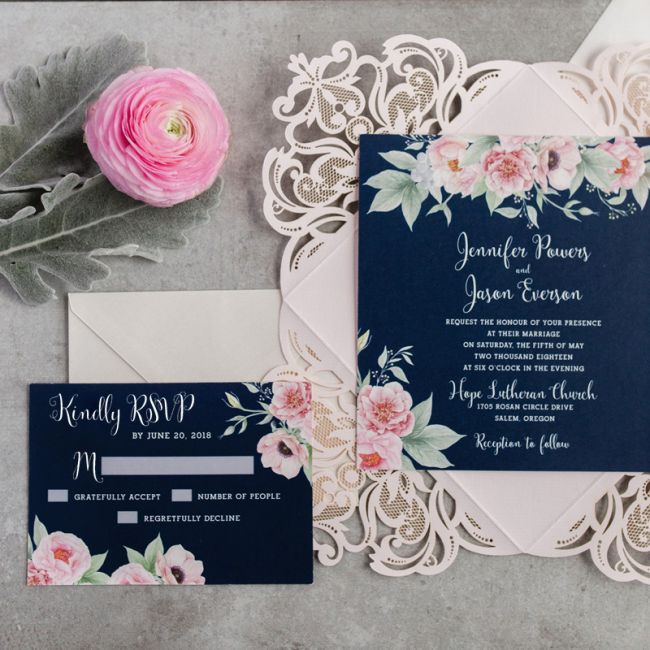 Gorgeous navy blue and blush pink floral watercolor wedding invitation EWDK002
