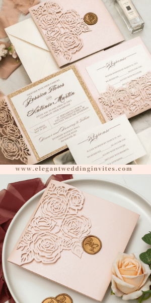 elegant blush rose laser cut pocket fold with rose gold glitter paper backer