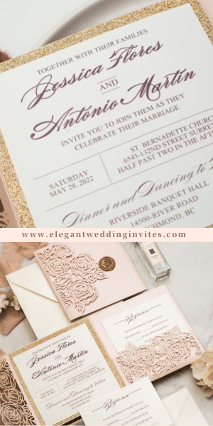 elegant blush rose laser cut pocket fold with glitter paper backer