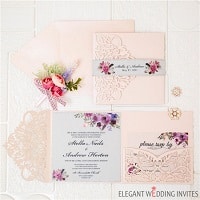 pink laser cut wedding invitations with pink and purple floral invitation ewws280 1