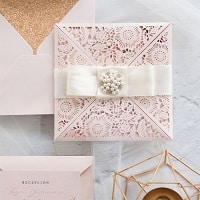 blush shimmer laser cut wrap with raised floral pattern invitation ewws241