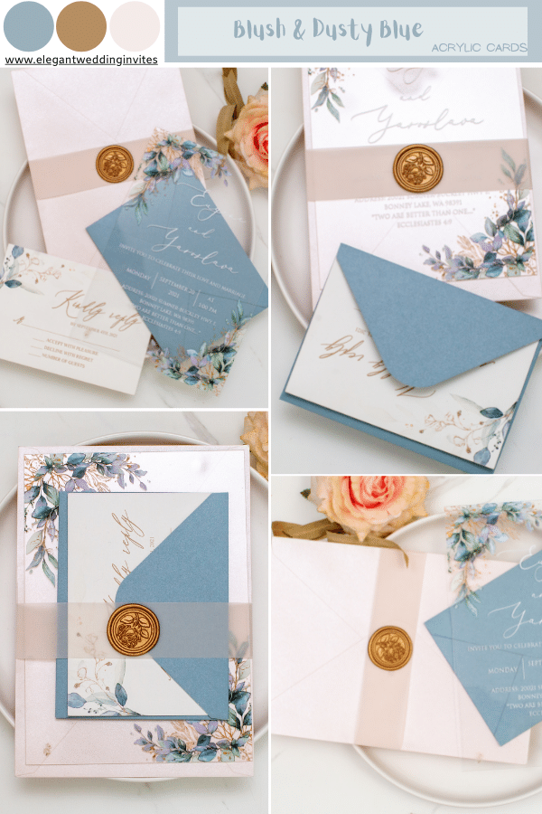spring acrylic cards with dusty blue and blush hues
