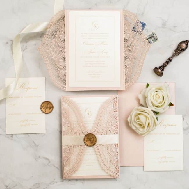 blush laser cut wedding invitations with customized wax seal sticker ewws308