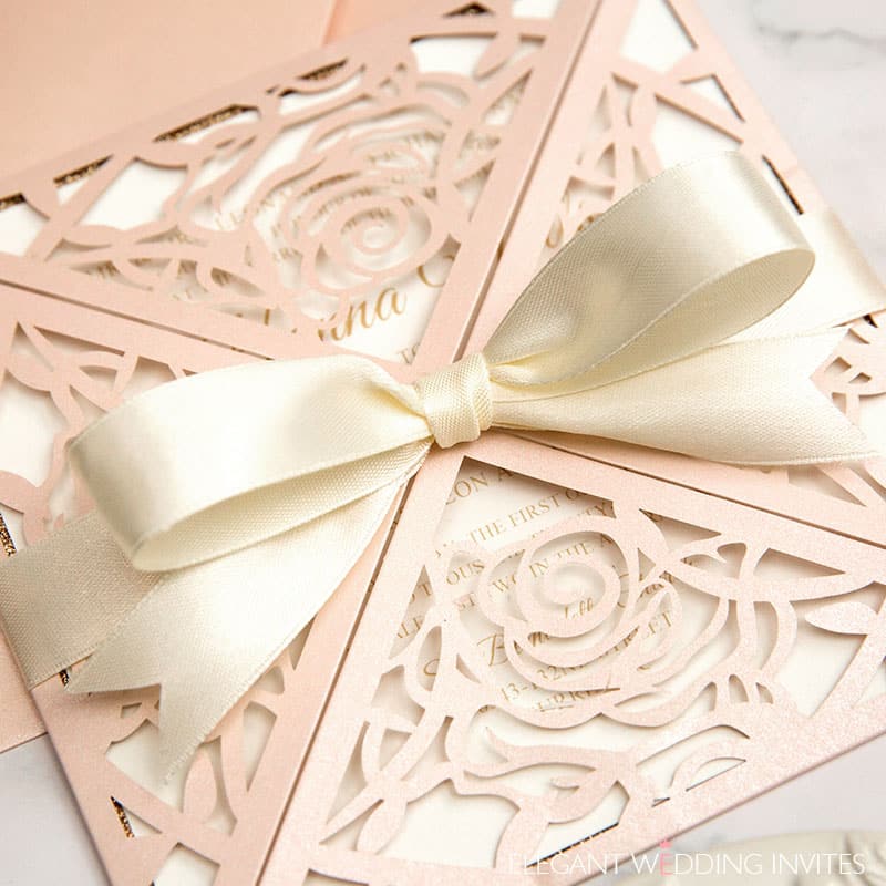 romantic blush rose pattern laser cut wedding invitations with ribbons EWWS293 4