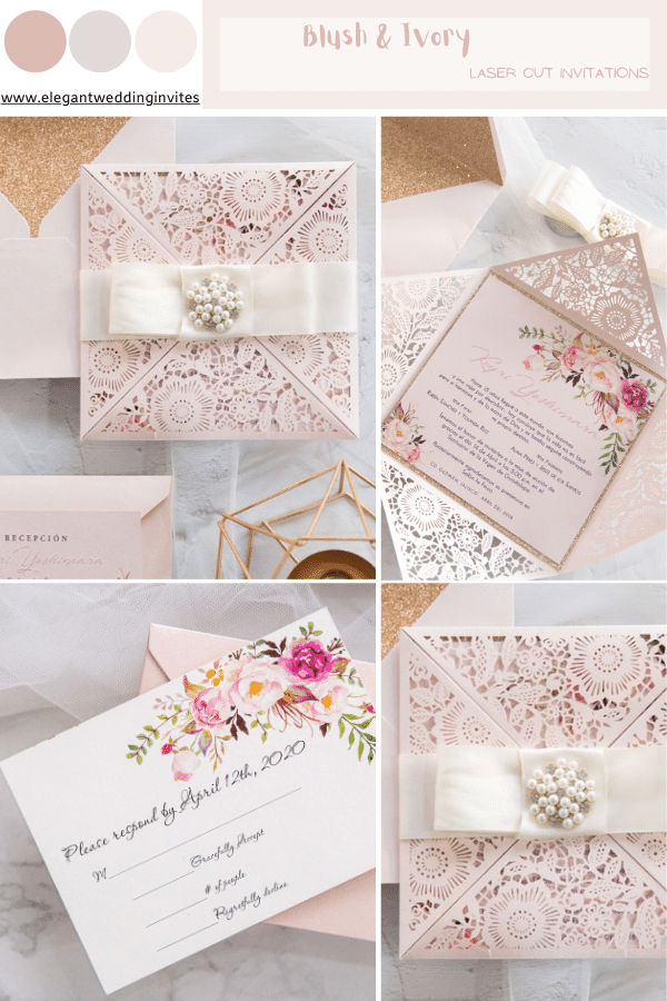 blush shimmer laser cut wrap with raised ink floral pattern invitation and glittery backer