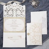elegant ivory and champagne gold glittery wedding invitations with pearl ewws226