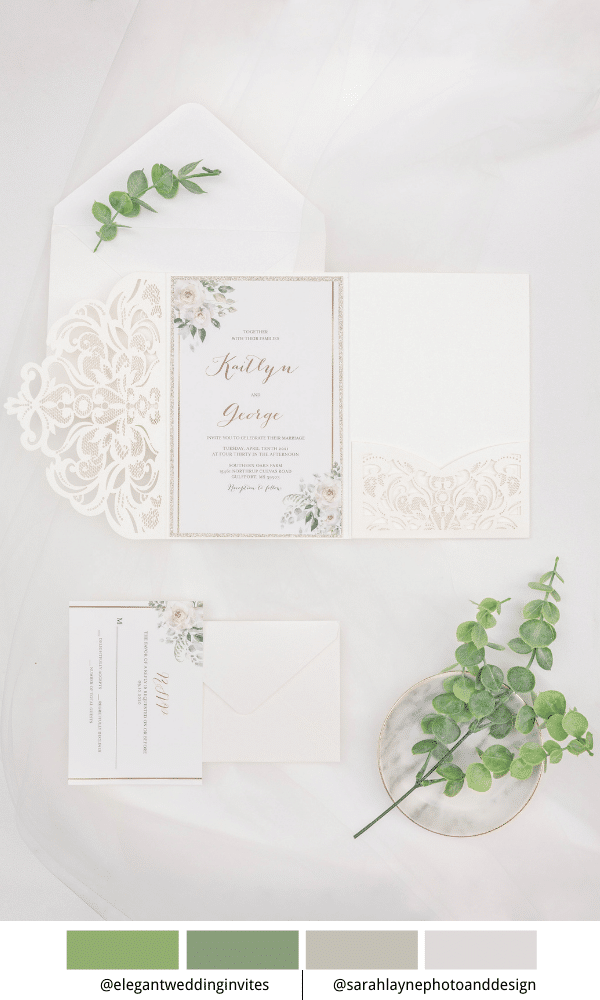 fresh and elegant ivory laser cut pocket wedding invitation for summer wedding