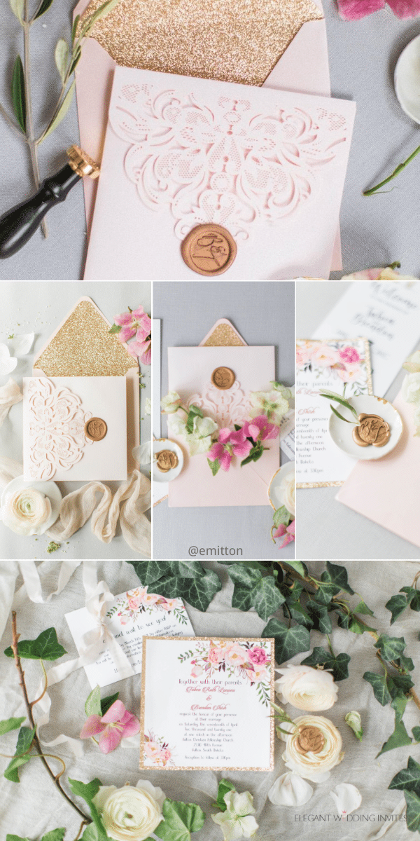 details of romantic blush pink spring flower glittery laser cut pocket wedding invitation