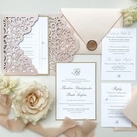chic simple blush laser cut wraps with monogram wedding invitations ewdj001