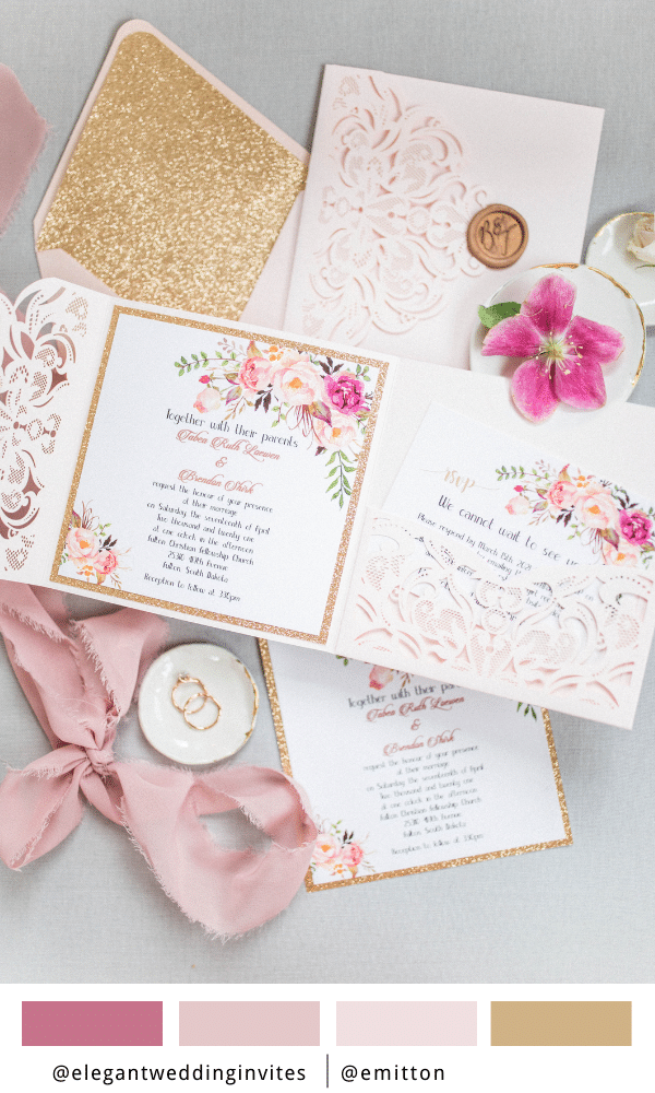romantic blush pink spring flower glittery laser cut pocket wedding invitation