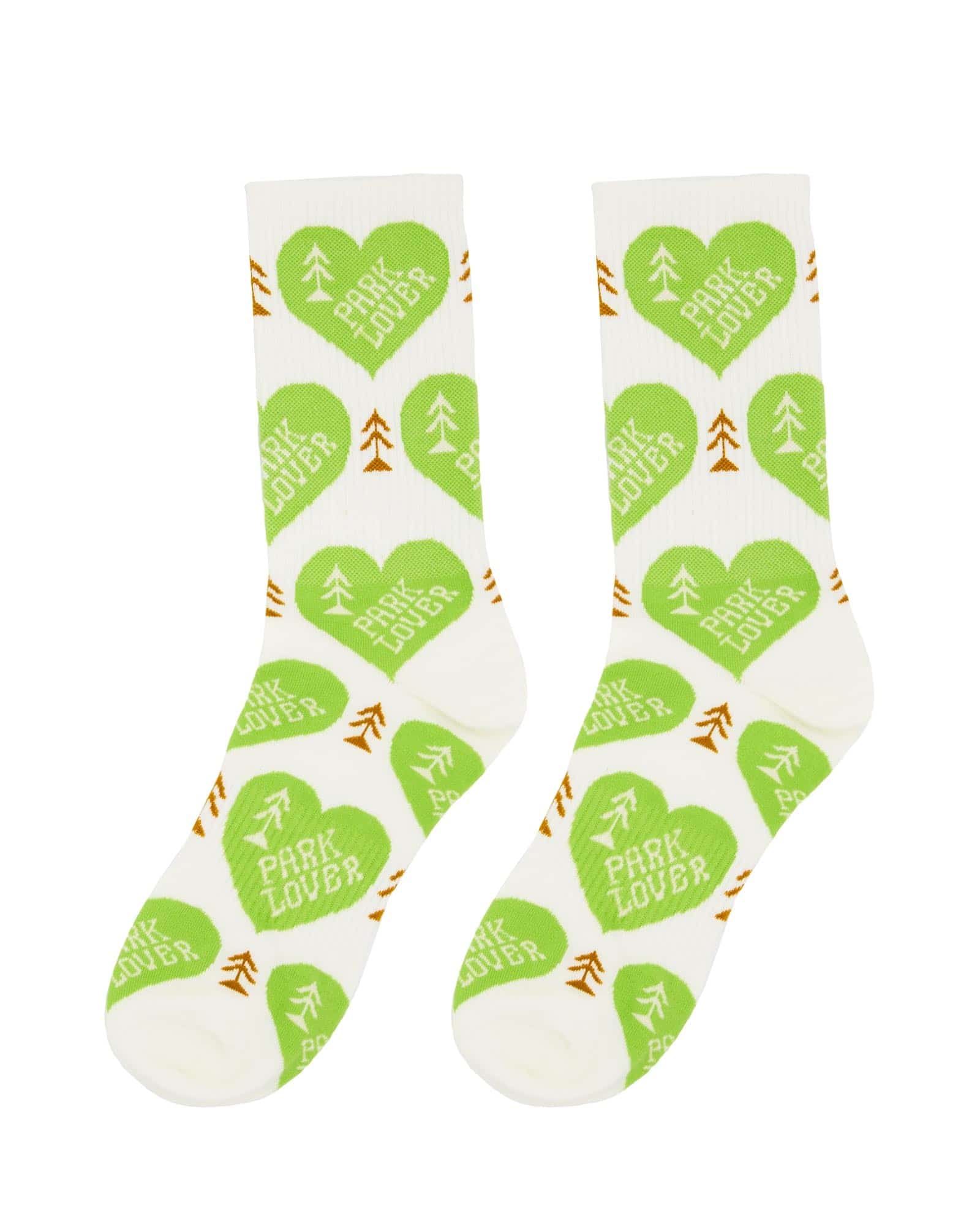 White socks with green hearts that say "park lover" and trees