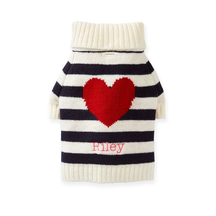 Sweater anjing dengan garis-garis biru dan hati merah, hadiah Valentine anak anjing yang sempurna