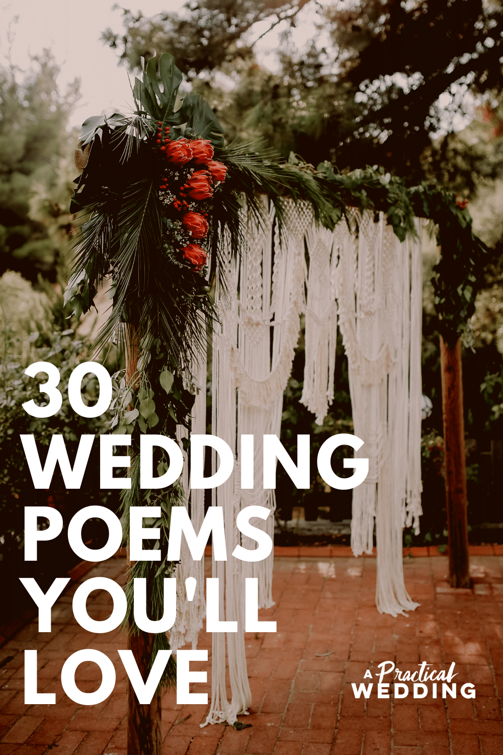 Weddig ceremony backdrop with words "30 wedding poems you'll love"