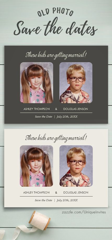 bride and groom as children on a save the date