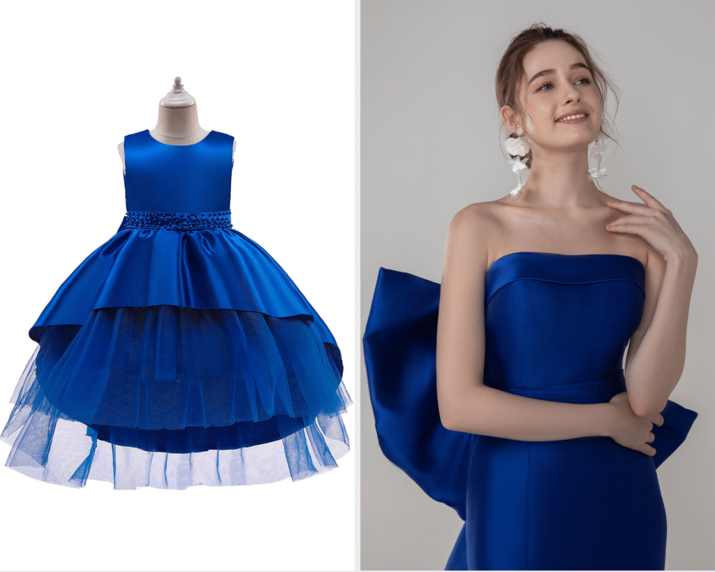royal blue satin wedding dress and matching flower girl dress