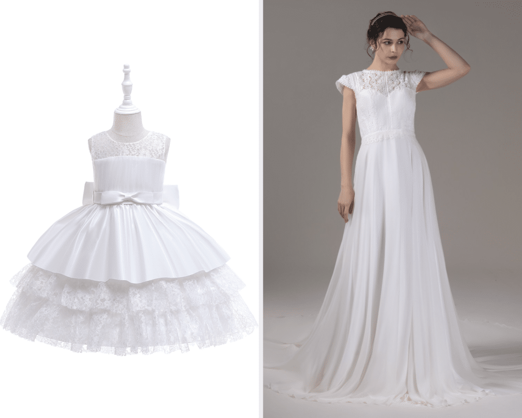 cheap lacy wedding dress and matching flower girl dress