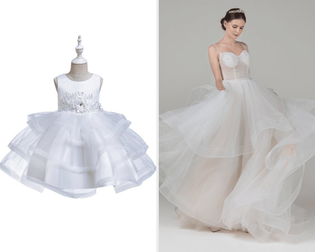 ruffled wedding dress and ruffled flower girl dress