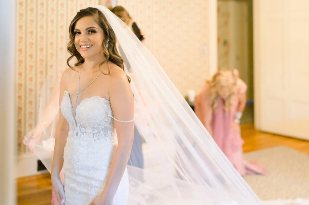 bridal gown and bridal veil